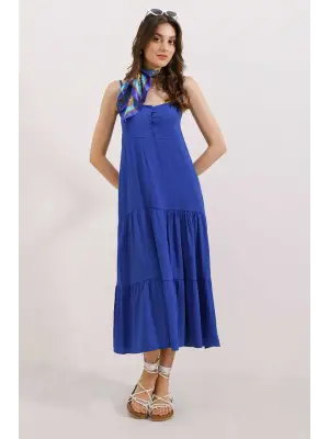 2403 Askılı Midi Elbise - Saks