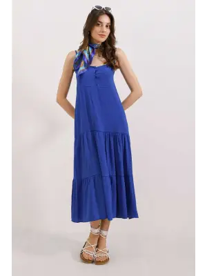 2403 Askılı Midi Elbise - Saks