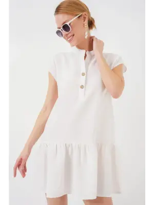 2425 Keten Mini Elbise - Ekru