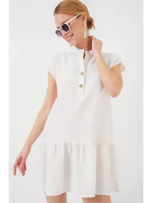 2425 Keten Mini Elbise - Ekru