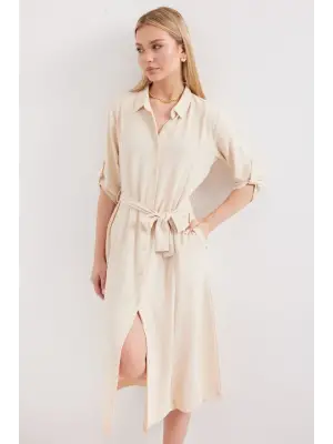 2442 Kuşaklı Gömlek Elbise - Krem