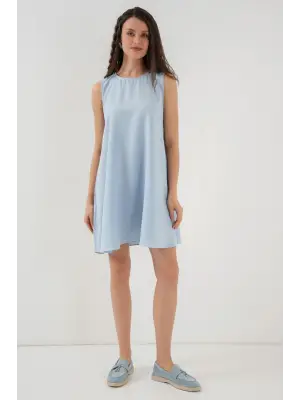 2444 Mini Keten Elbise - Açık Mavi