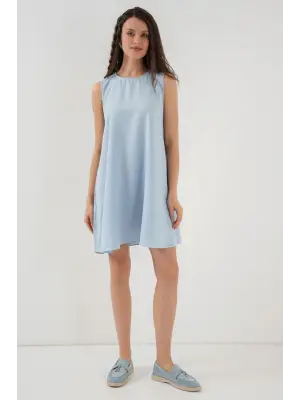 2444 Mini Keten Elbise - Açık Mavi