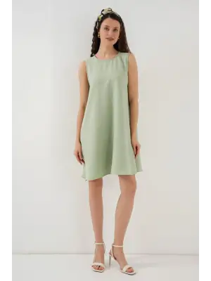 2444 Mini Keten Elbise - E.Yeşil