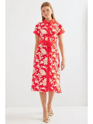 2455 Desenli Gömlek Elbise - Kırmızı