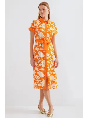 2455 Desenli Gömlek Elbise - Turuncu