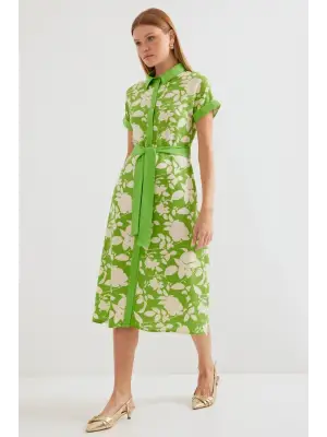 2455 Desenli Gömlek Elbise - Yeşil