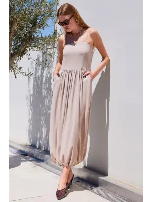 2492 Askılı Örme Salopet Elbise - Bej