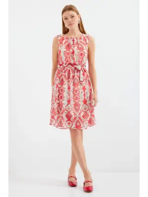 2501 Desenli Sıfır Kol Şifon Elbise - Kırmızı