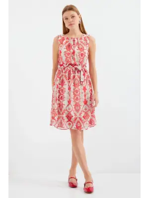 2501 Desenli Sıfır Kol Şifon Elbise - Kırmızı