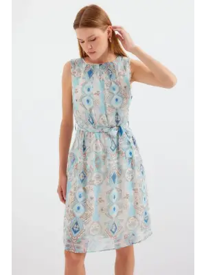 2501 Desenli Sıfır Kol Şifon Elbise - Mavi