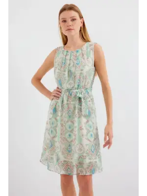 2501 Desenli Sıfır Kol Şifon Elbise - Mint