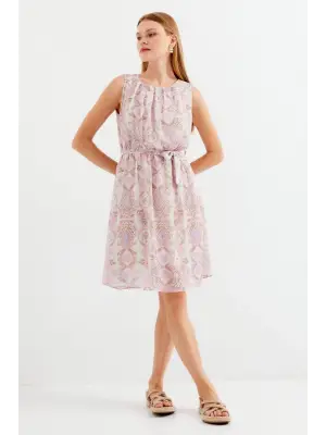 2501 Desenli Sıfır Kol Şifon Elbise - Pembe