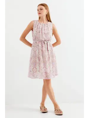 2501 Desenli Sıfır Kol Şifon Elbise - Pembe