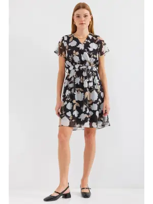 2502 Kısa Kol Desenli Şifon Elbise - A.Siyah