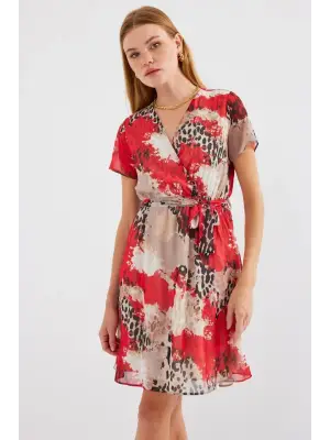 2502 Kısa Kol Desenli Şifon Elbise - Kırmızı