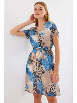 2502 Kısa Kol Desenli Şifon Elbise - Mavi