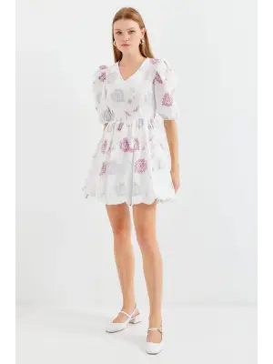 2506 Desenli V Yaka Mini Kloş Elbise - Ekru
