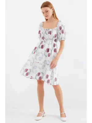 2508 Desenli Mini Kloş Elbise - Ekru