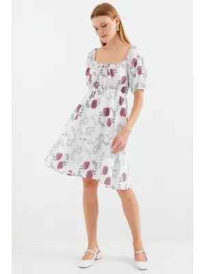 2508 Desenli Mini Kloş Elbise - Ekru