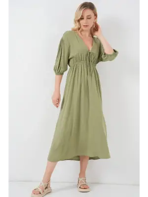 2570 Beli Büzgülü V Yaka Elbise - Çağla