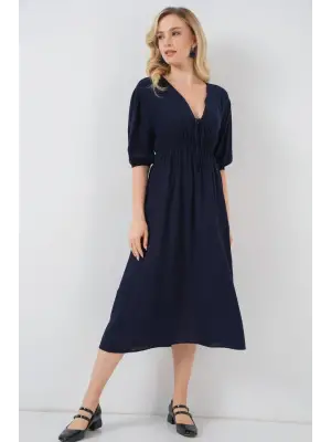 2570 Beli Büzgülü V Yaka Elbise - Lacivert