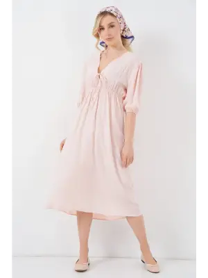 2570 Beli Büzgülü V Yaka Elbise - Pudra
