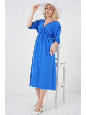 2570 Beli Büzgülü V Yaka Elbise - Saks