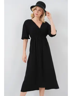 2570 Beli Büzgülü V Yaka Elbise - Siyah