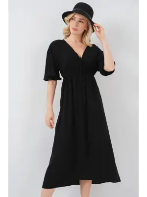 2570 Beli Büzgülü V Yaka Elbise - Siyah