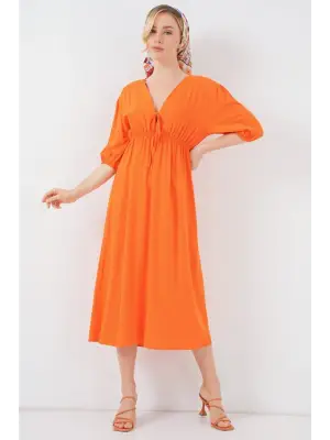 2570 Beli Büzgülü V Yaka Elbise - Turuncu