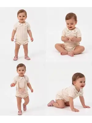 3/12 Ay Çiçekli Yaka Jakar Kumaş Şortlu Bebek Takımı