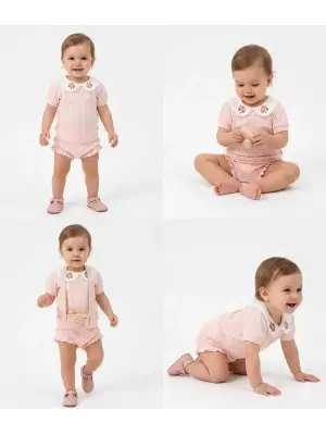 3/12 Ay Çiçekli Yaka Jakar Kumaş Şortlu Bebek Takımı