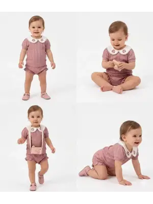 3/12 Ay Çiçekli Yaka Jakar Kumaş Şortlu Bebek Takımı