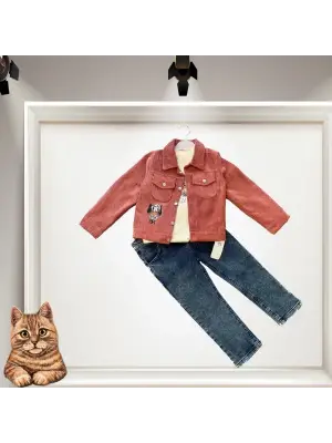 Modern Fitilli Kadife Ceketli 3lü Çocuk Takımı