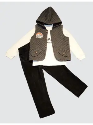 Trend Fitilli Kadife Pantolon Kapitone Kapşonlu Yelek Erkek Çocuk Takımı