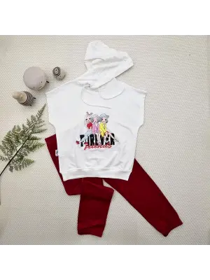 3-4-5 Yaş Forever Cici Kızlar Baskılı Kapşonlu 2li Kız Çocuk Takımı Kırmızı