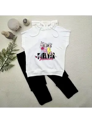 3-4-5 Yaş Forever Cici Kızlar Baskılı Kapşonlu 2li Kız Çocuk Takımı Siyah