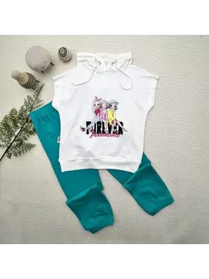 3-4-5 Yaş Forever Cici Kızlar Baskılı Kapşonlu 2li Kız Çocuk Takımı Turkuaz