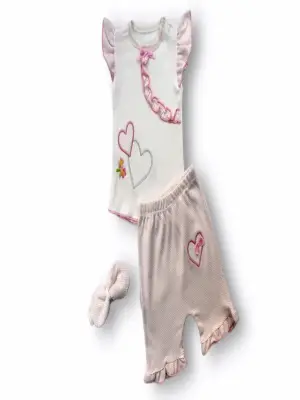 Çift Kalp Nakışlı Bebek Takımı