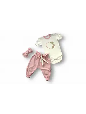 Çiçekli Bandanalı Kız Bebek Takımı