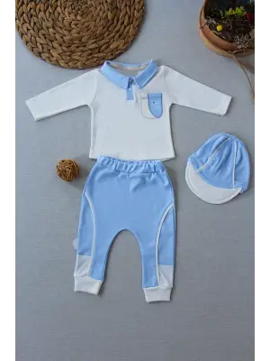 Stil Sahibi Nakışlı Sweat 3lü Bebek Takımı Mavi
