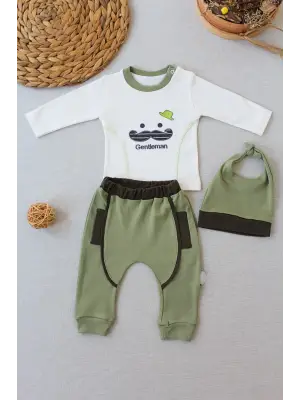Trend Gentleman Erkek Nakışlı Şapkalı Uzun Kollu 3lü Bebek Takımı Yeşil