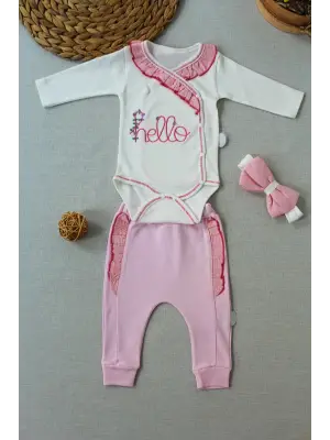Zarif Nakışlı Kruvaze Bandanalı Uzun Kollu Bebek Takımı Pembe