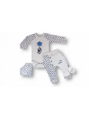 Zarif Nakışlı Bandajlı 3lü Erkek Bebek Takımı