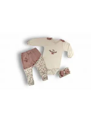 Özgün Bandanalı Uzun Kollu Kız Bebek Takımı