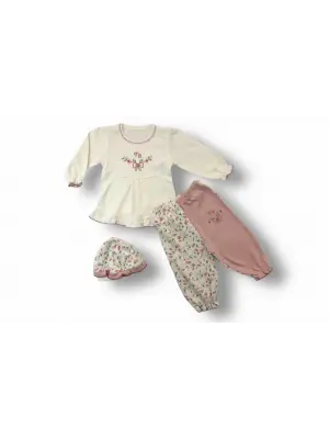 Çiçek Nakışlı Uzun Kollu Kız Bebek Takımı