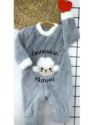 3-6-9-12 Ay Kuzu Tüylü Kumaş Annesinin Kuzusu Nakışlı Alttan Çıtçıtlı Kız Erkek Bebek Tulumu Gri