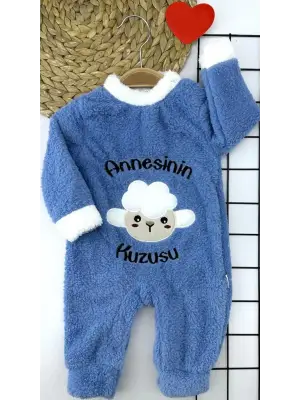 3-6-9-12 Ay Kuzu Tüylü Kumaş Annesinin Kuzusu Nakışlı Alttan Çıtçıtlı Kız Erkek Bebek Tulumu Mavi