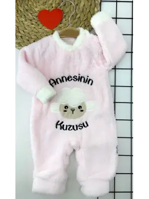 3-6-9-12 Ay Kuzu Tüylü Kumaş Annesinin Kuzusu Nakışlı Alttan Çıtçıtlı Kız Erkek Bebek Tulumu Pembe